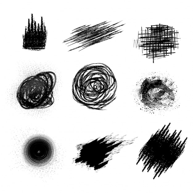 Conjunto de elementos abstractos negro como pinceladas, salpicaduras de color de agua o manchas.