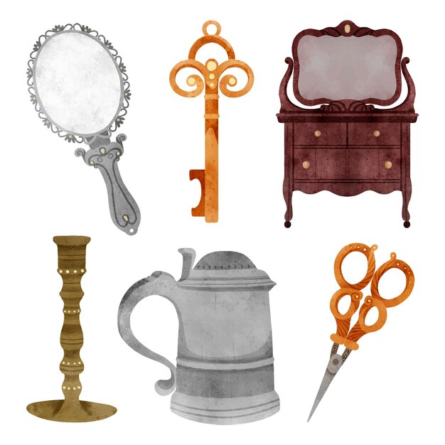 Conjunto de elementos de acuarela brocante