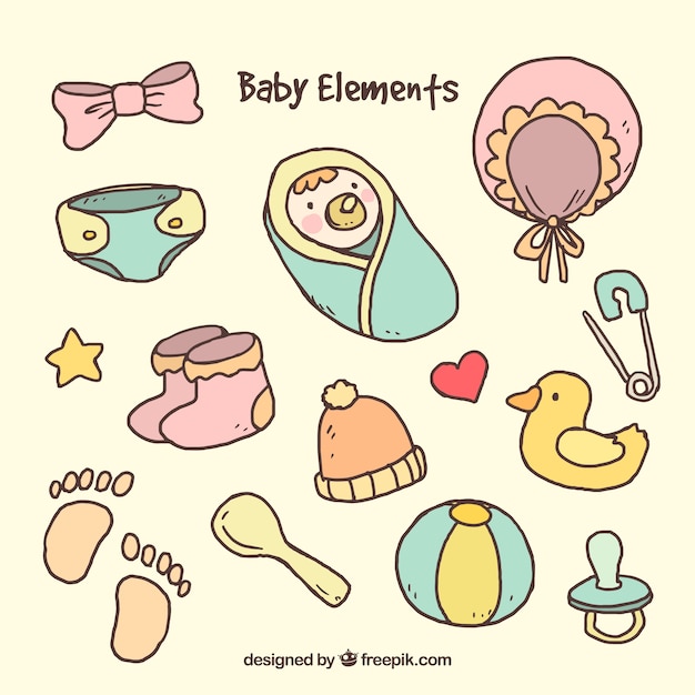 Vector gratuito conjunto de elementos adorables de bebé dibujados a mano