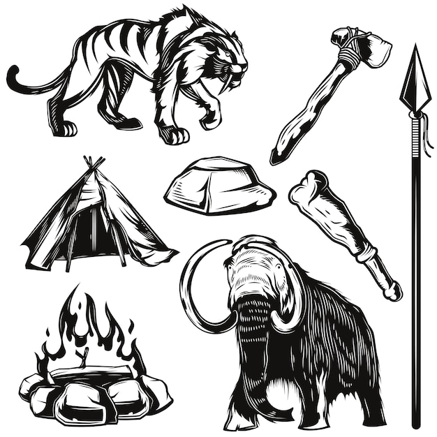 Conjunto de elementos de aplicaciones y animales antiguos.