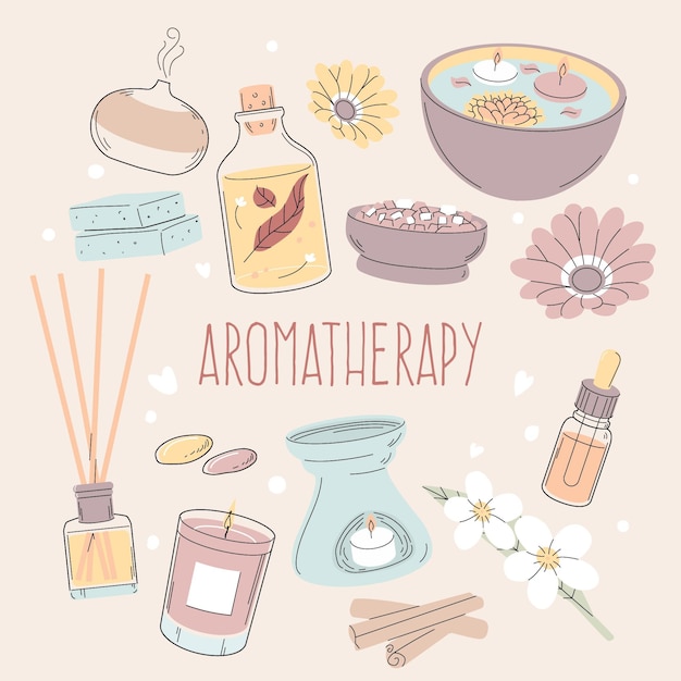 Vector gratuito conjunto de elementos de aromaterapia dibujados a mano