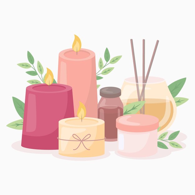 Conjunto de elementos de aromaterapia dibujados