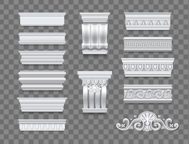 Vector gratuito conjunto de elementos arquitectónicos clásicos aislados para la decoración de paredes de interiores y edificios en una ilustración vectorial realista de fondo transparente
