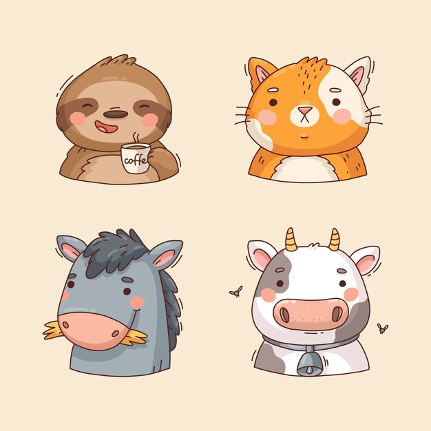 Conjunto de elementos de avatares de animales lindos dibujados a mano