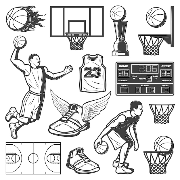 Vector gratuito conjunto de elementos de baloncesto vintage