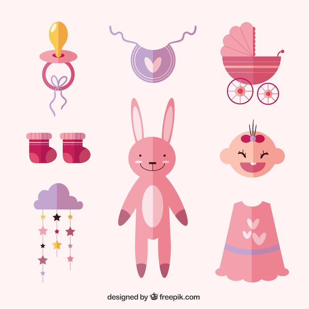 Vector gratuito conjunto de elementos de bebé y peluche de conejito