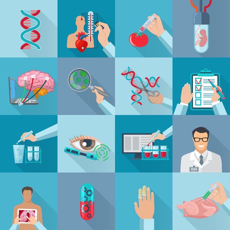 Vector gratuito conjunto de elementos de biotecnología aislada de color plano con productos genéticamente modificados de la molécula de adn e ilustración de vector in vitro de embrión humano