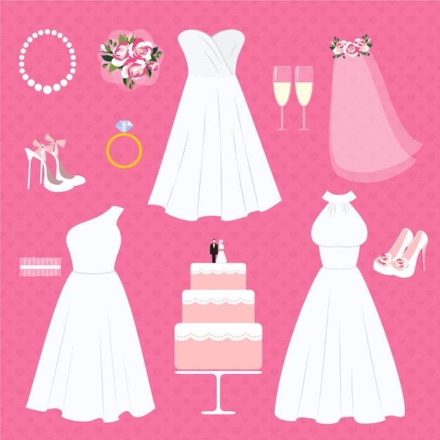 Vector gratuito conjunto de elementos de boda y accesorios de novia.