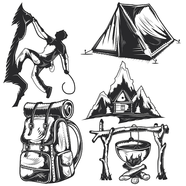Conjunto de elementos de camping para crear sus propias insignias, logotipos, etiquetas, carteles, etc.