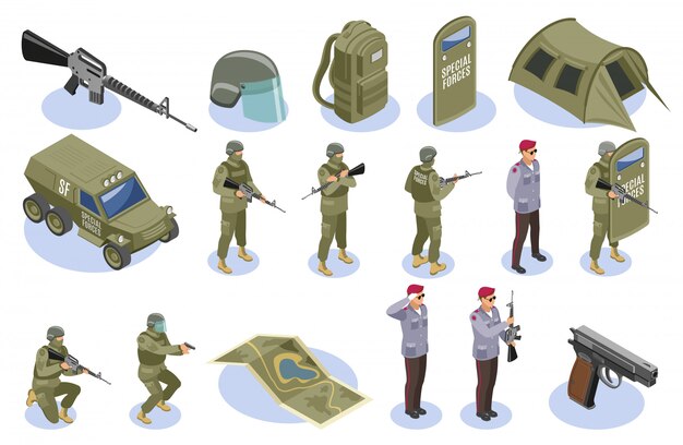 Conjunto de elementos y caracteres de fuerzas especiales militares