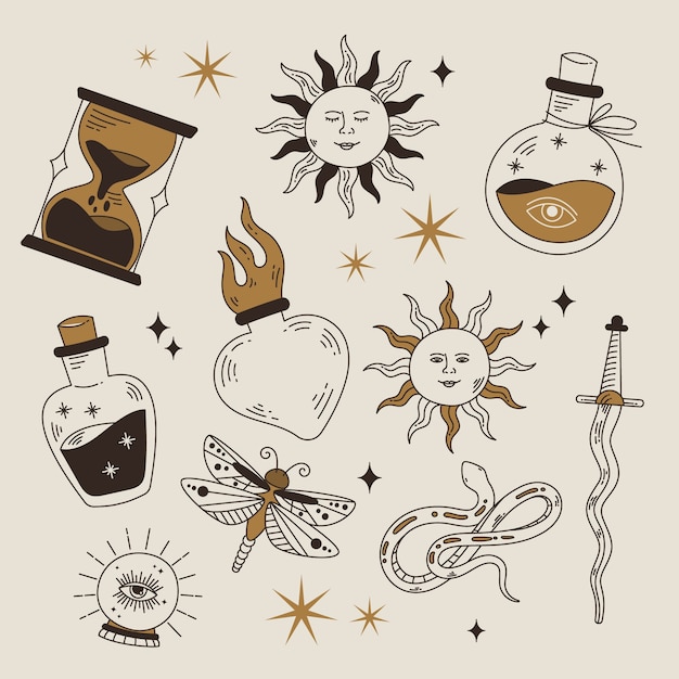 Conjunto de elementos celestiales dibujados a mano