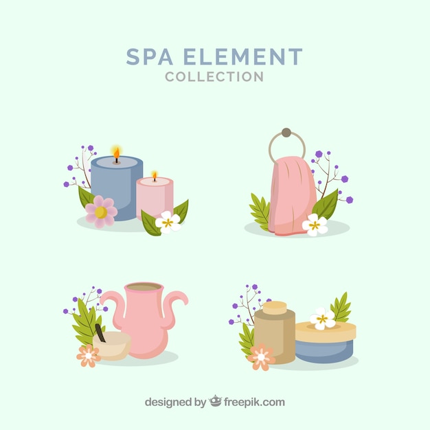 Vector gratuito conjunto de elementos de centro de spa con velas y aceites aromáticos