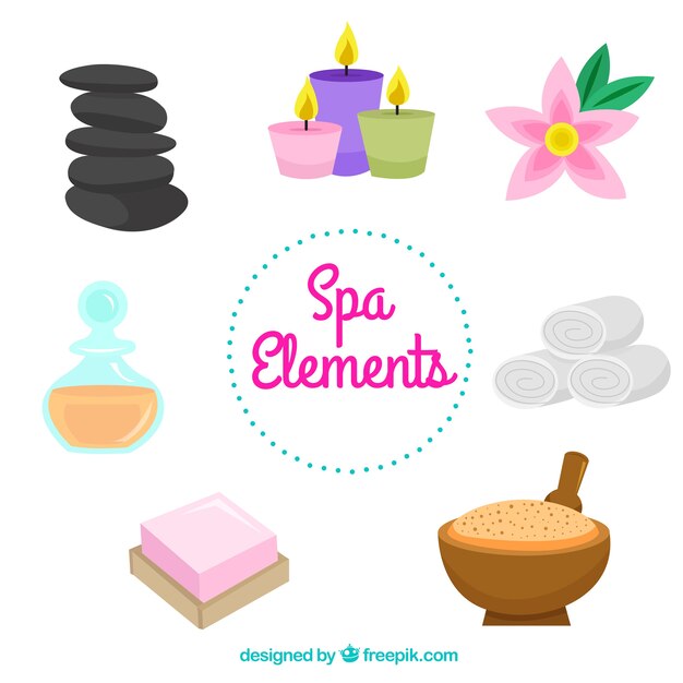 Conjunto de elementos de centro de spa con velas y aceites aromáticos