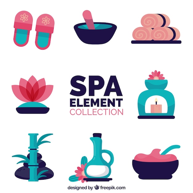 Vector gratuito conjunto de elementos de centro de spa con velas y aceites aromáticos