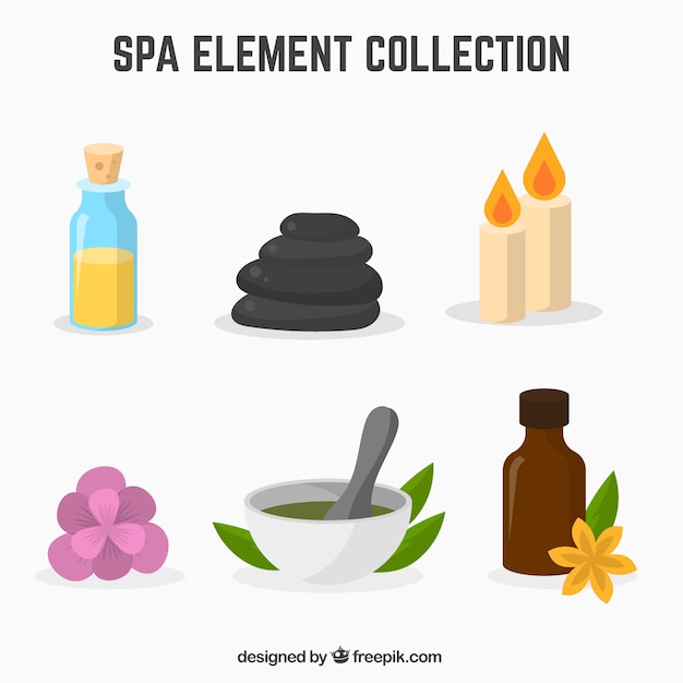 Vector gratuito conjunto de elementos de centro de spa con velas y aceites aromáticos