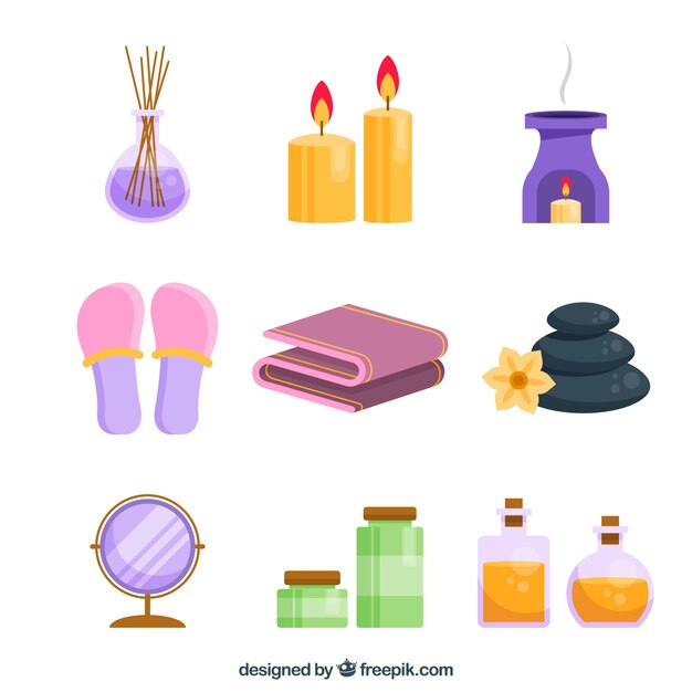 Vector gratuito conjunto de elementos de centro de spa con velas y aceites aromáticos