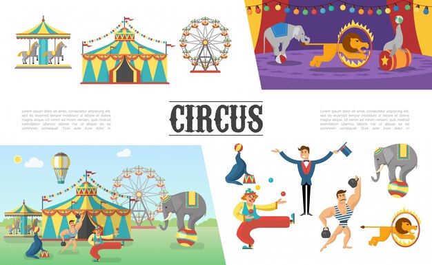 Conjunto de elementos de circo de carnaval plano con carruseles de carpa payaso de hombre fuerte bolas de malabarismo sello de león elefante ilusionista realizando diferentes trucos