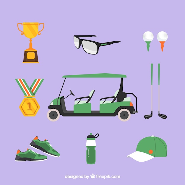 Conjunto de elementos de club de golf en estilo plano