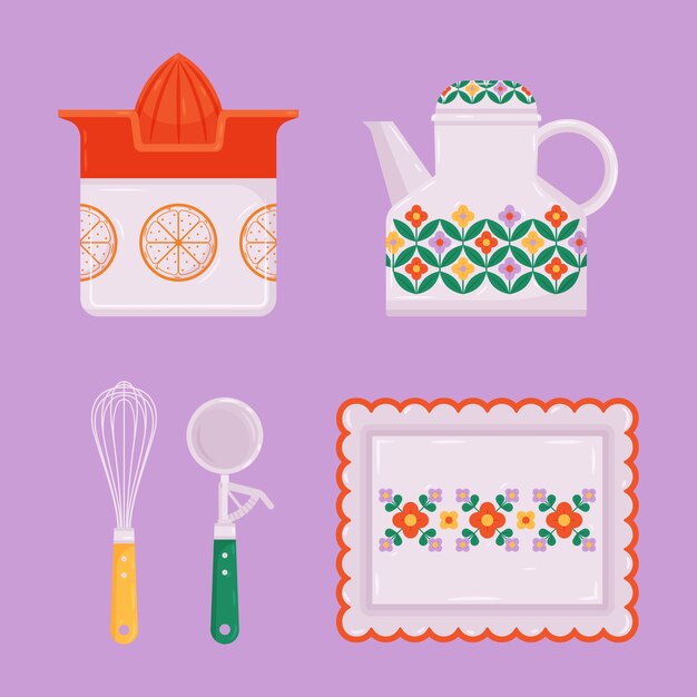 Conjunto de elementos de cocina dibujados a mano