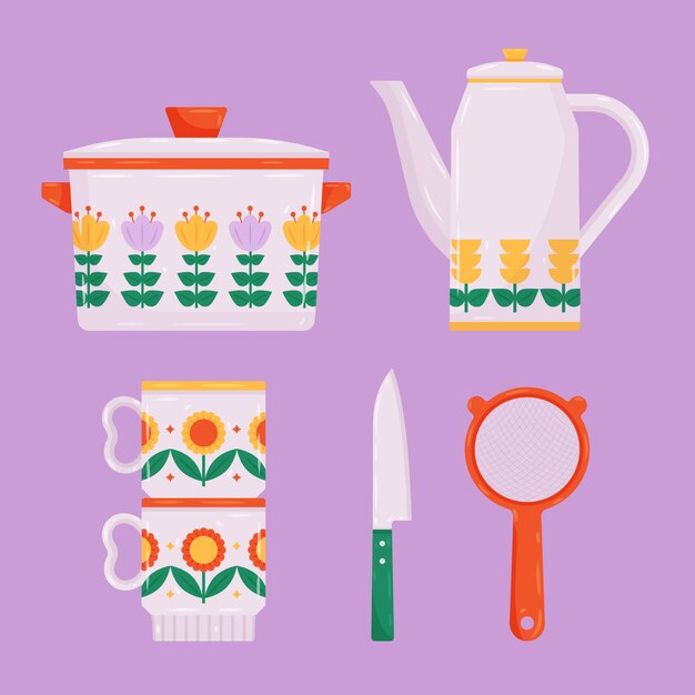 Conjunto de elementos de cocina dibujados a mano