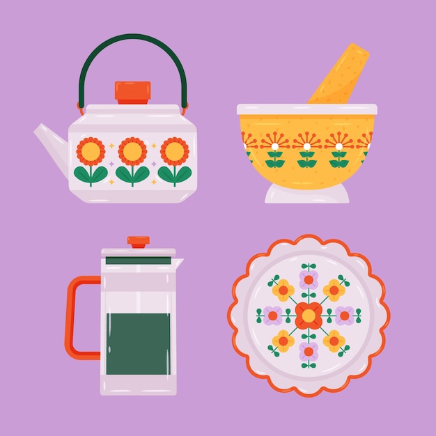 Conjunto de elementos de cocina dibujados a mano