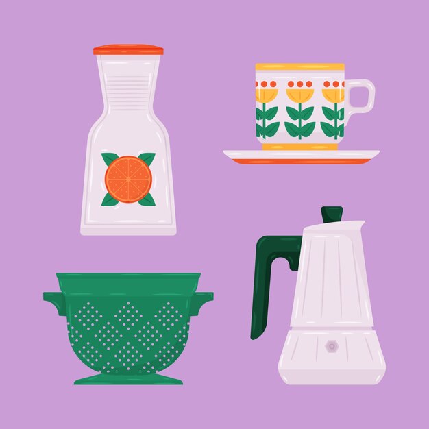 Conjunto de elementos de cocina dibujados a mano