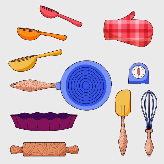 Conjunto de elementos de cocina dibujados a mano