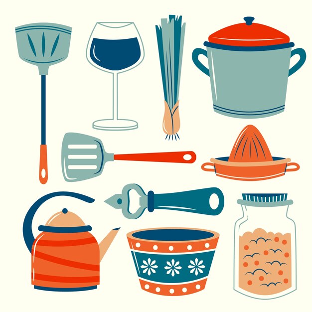 Conjunto de elementos de cocina de diseño plano