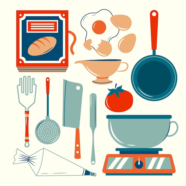 Conjunto de elementos de cocina de diseño plano
