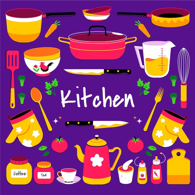 Vector gratuito conjunto de elementos de cocina de diseño plano