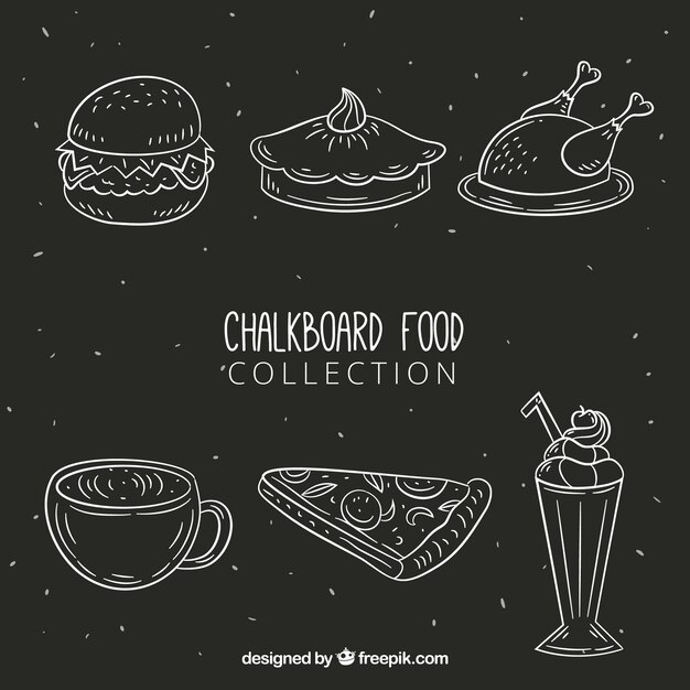 Conjunto de elementos de comida dibujada a mano en pizarra
