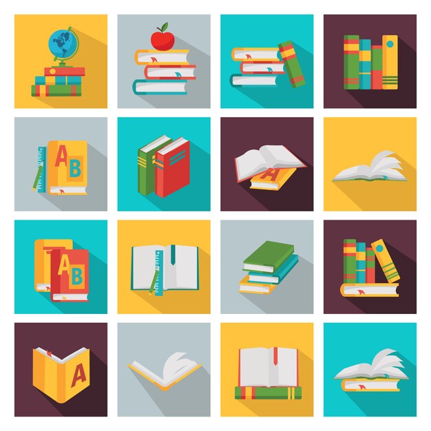 Conjunto de elementos cuadrados de libros escolares