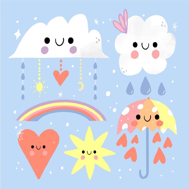 Conjunto de elementos decorativos chuva de amor dibujados a mano