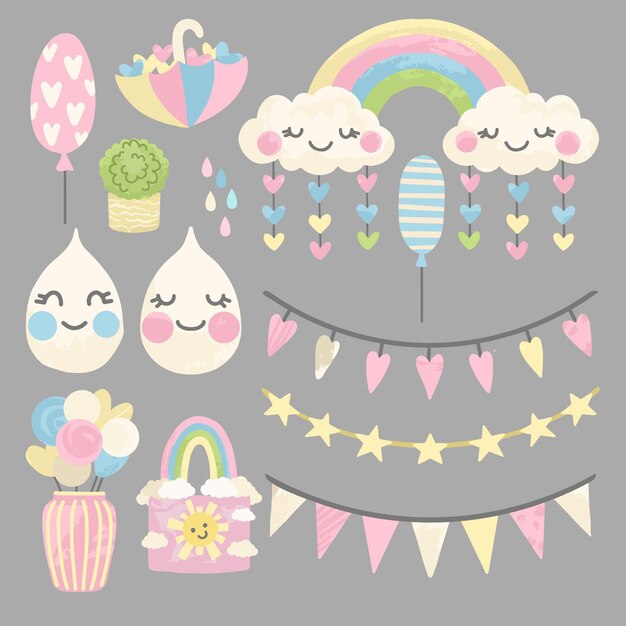 Conjunto de elementos decorativos chuva de amor dibujados a mano