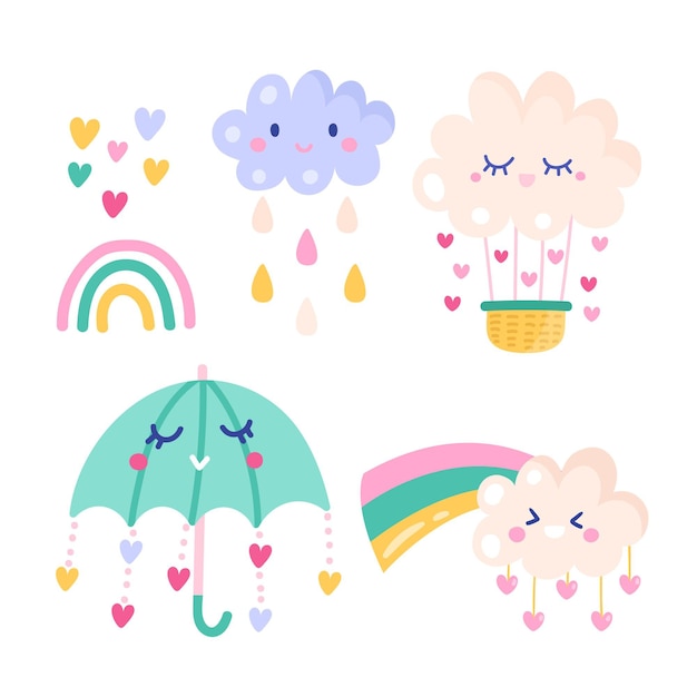 Conjunto de elementos decorativos chuva de amor dibujados