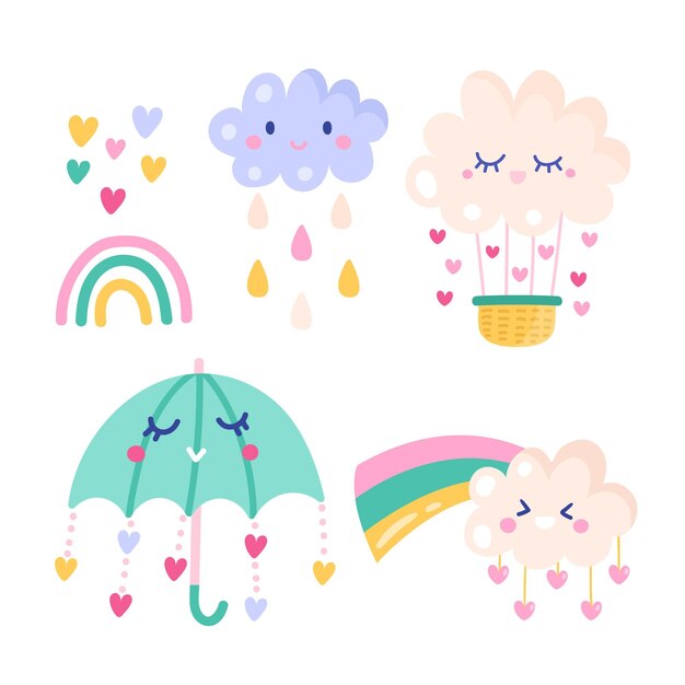 Conjunto de elementos decorativos chuva de amor dibujados