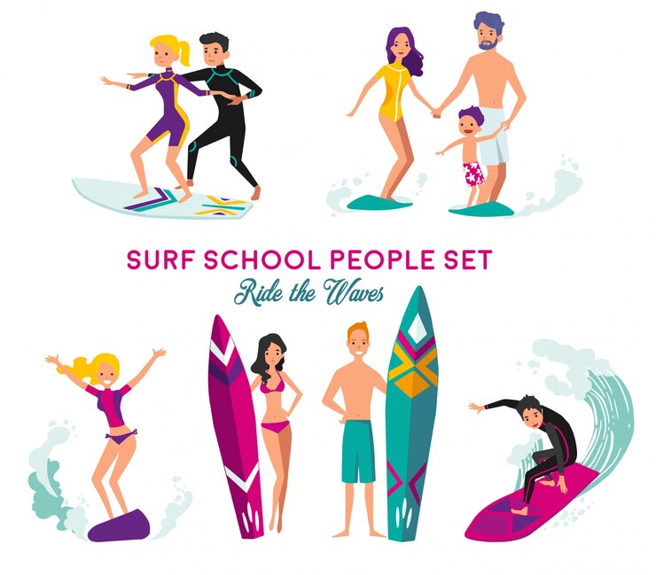 Vector gratuito conjunto de elementos decorativos de la escuela de surf