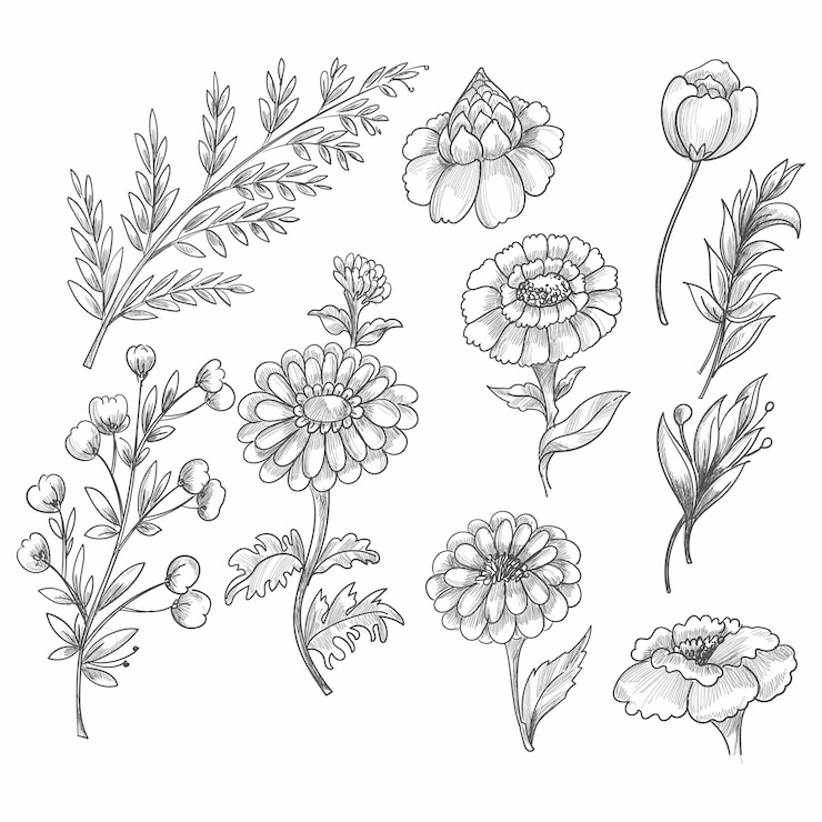 Vector gratuito conjunto de elementos decorativos florales dibujados a mano