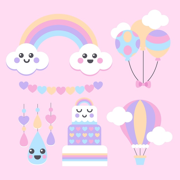 Conjunto de elementos decorativos planos chuva de amor