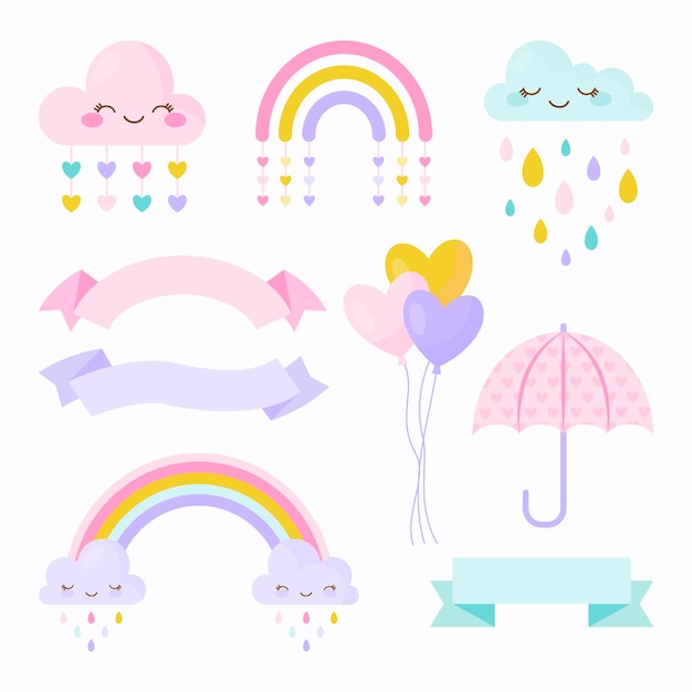Conjunto de elementos decorativos planos chuva de amor