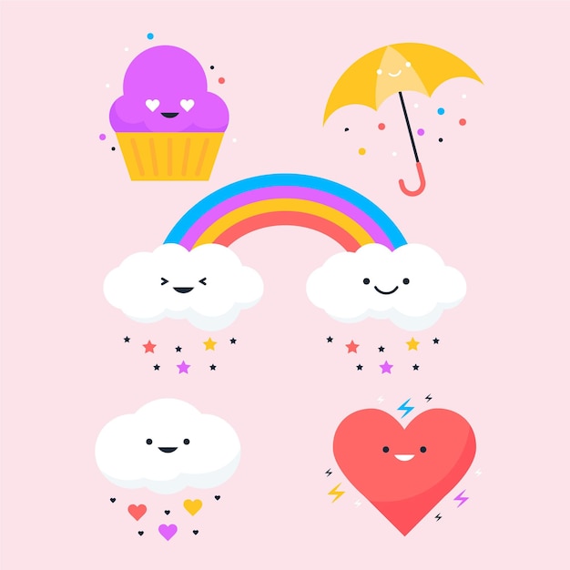 Conjunto de elementos decorativos planos chuva de amor