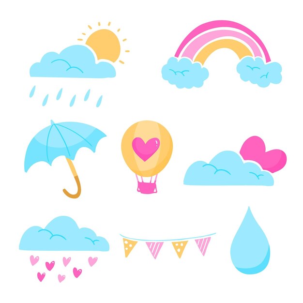 Conjunto de elementos decorativos planos chuva de amor.