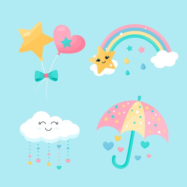 Conjunto de elementos decorativos planos chuva de amor.