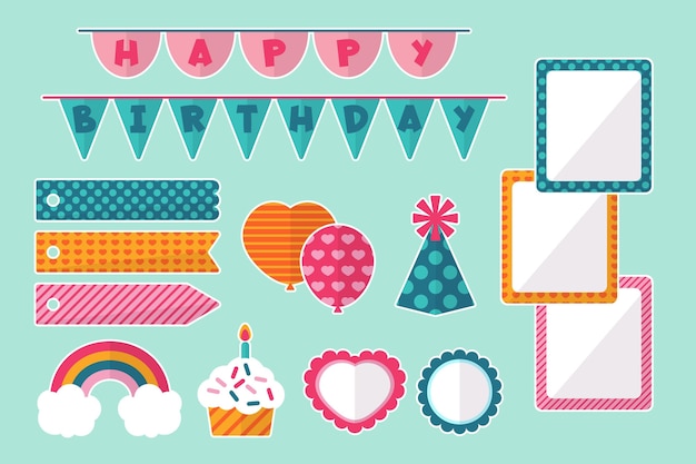 Conjunto de elementos decorativos de scrapbook de cumpleaños