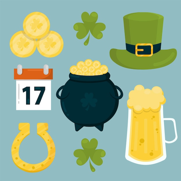 Conjunto de elementos del día de san patricio ilustración vectorial plana