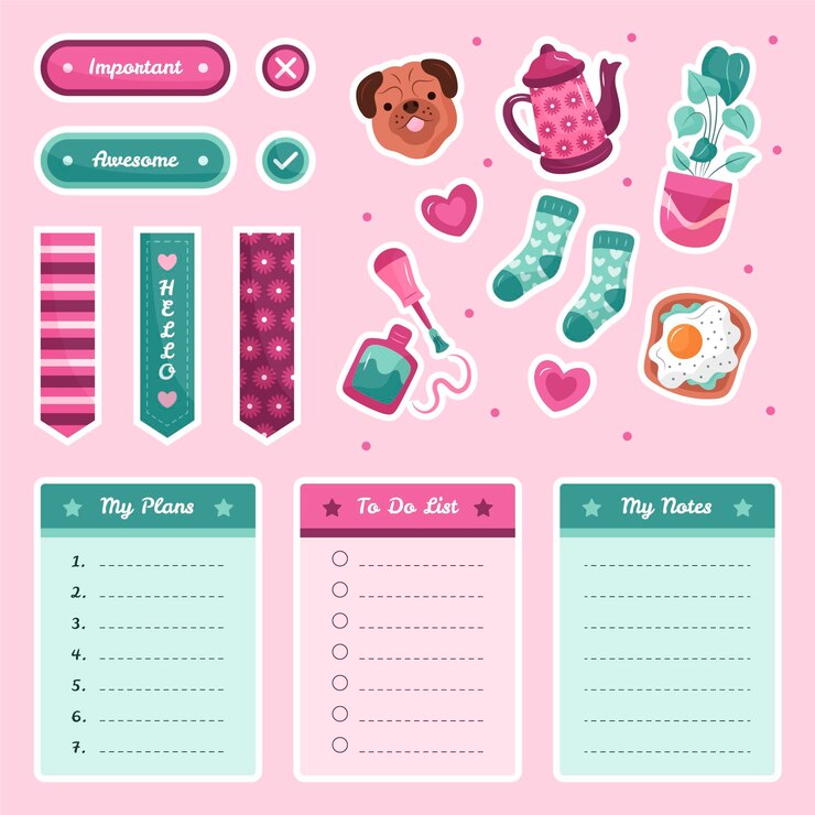 Vector gratuito conjunto de elementos de diario de bala dibujados