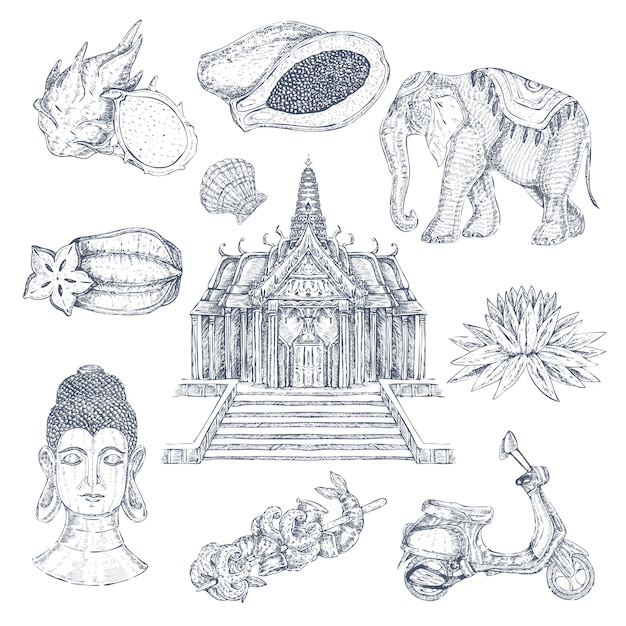 Conjunto de elementos dibujados tailandeses
