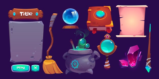 Conjunto de elementos de dibujos animados de interfaz de juego mágico