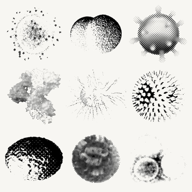 Vector gratuito conjunto de elementos de diseño de células monótonas de coronavirus bajo microscopio