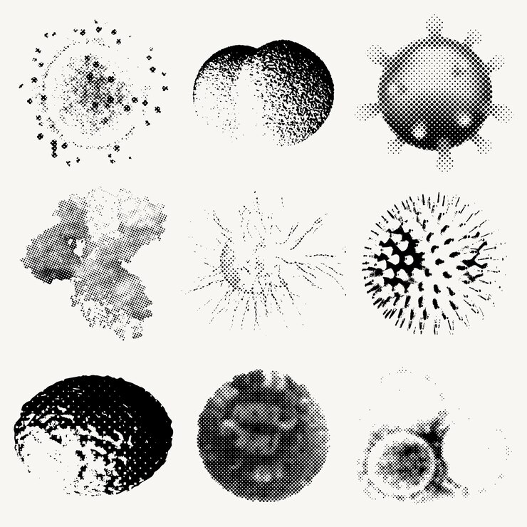 Vector gratuito conjunto de elementos de diseño de células monótonas de coronavirus bajo microscopio